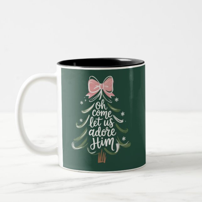 Oh Come Let Us Adore Him Christian Xmas Religious Two-Tone Coffee Mug (Left)
