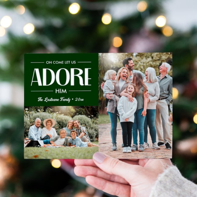 Oh Come Let Us Adore Him GREEN Christian 2 Photo  Holiday Card (DARK GREEN 2 PHOTO TEMPLATE CHRISTIAN RELIGIOUS HIOLIDAY GREETINGS CHRISTMAS FAMILY PORTRAIT)