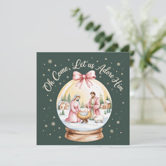 Oh Come Let Us Adore Him Jesus Xmas Pink Coquette  Holiday Card (Standing Front)