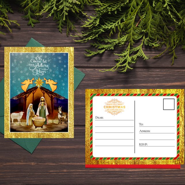 "Oh Come Let Us Adore Him" Nativity Christmas Holiday Postcard (Creator Uploaded)