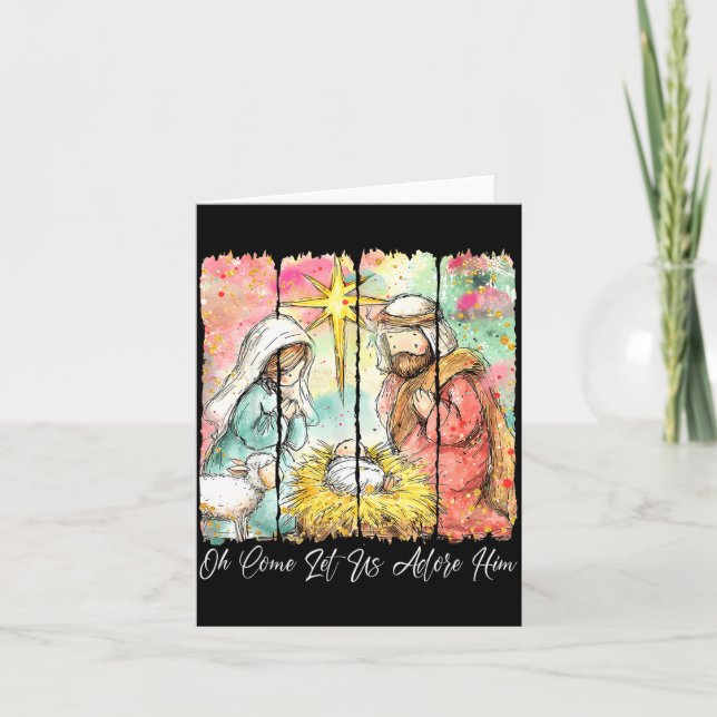 Oh Come Let Us Adore Him Nativity Scene Christian  Card (Front)