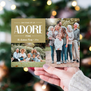 Oh Come Let Us Adore Him TAN Christian 2 Photo Holiday Card
