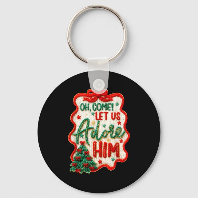 Oh Come Let Us Adore Him Yarn Crochet Nativity Chr Key Ring (Front)