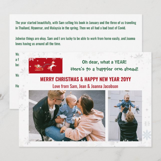 Oh Dear Funny Cute Santa Unicorn 2 Photos Letter Holiday Card (Front/Back)