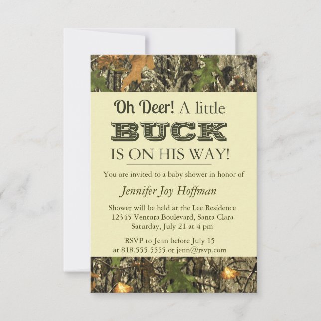 Oh Deer, A Little Buck Is On His Way! Camo Invite (Front)