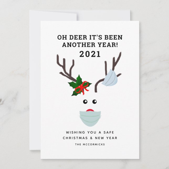 Oh Deer Another Year 2021 Funny Face Mask Reindeer Holiday Card (Front)