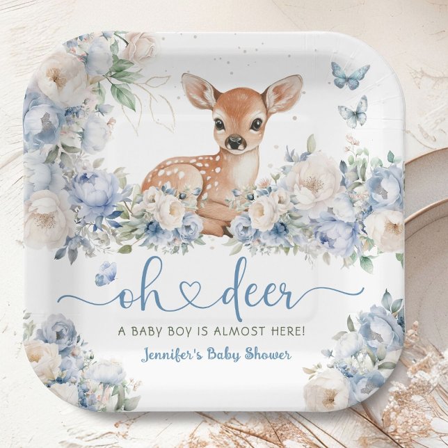 Oh Deer Baby Shower Boy Dusty Blue Paper Paper Plate (Creator Uploaded)