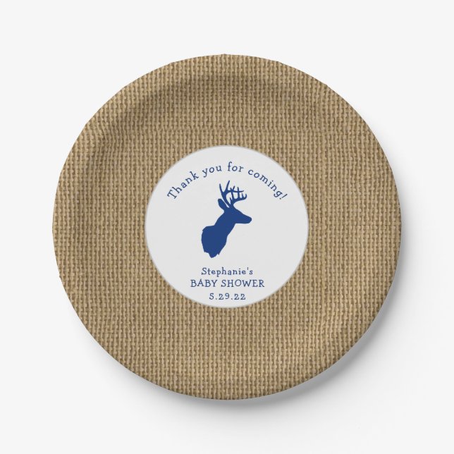 Oh Deer Baby Shower decor, burlap navy Paper Plate (Front)