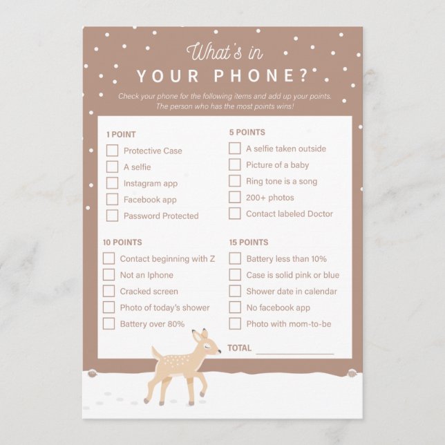 Oh Deer - Baby Shower Game - Whats in your phone? Programme (Front)