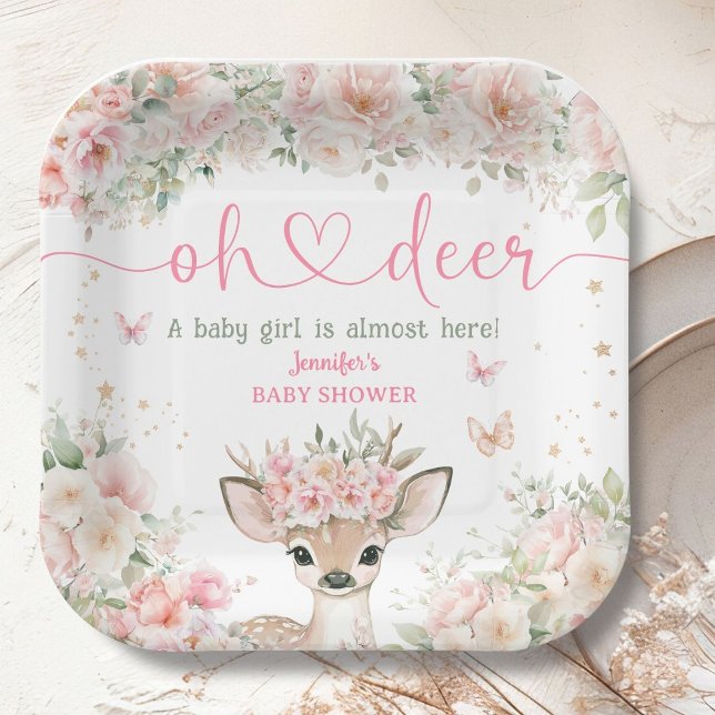 Oh Deer Baby Shower Girl Pink Floral Paper Plate (Creator Uploaded)
