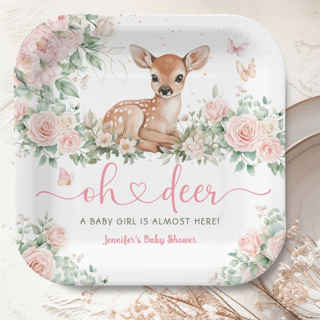 Oh Deer Baby Shower Girl Pink Paper Paper Plate (Creator Uploaded)