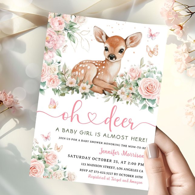 Oh Deer Baby Shower Pink Girl Invitation (Creator Uploaded)