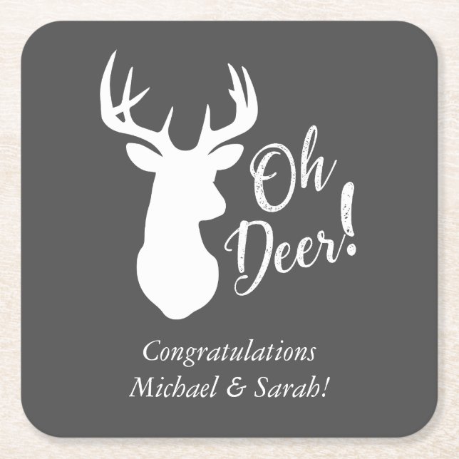 Oh Deer Baby Shower Pink Square Paper Coaster (Front)