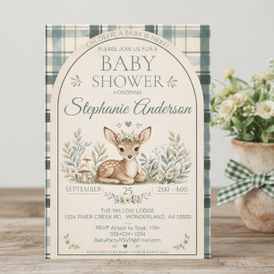 Oh Deer Baby Shower Plaid Woodland Sage Green Invitation