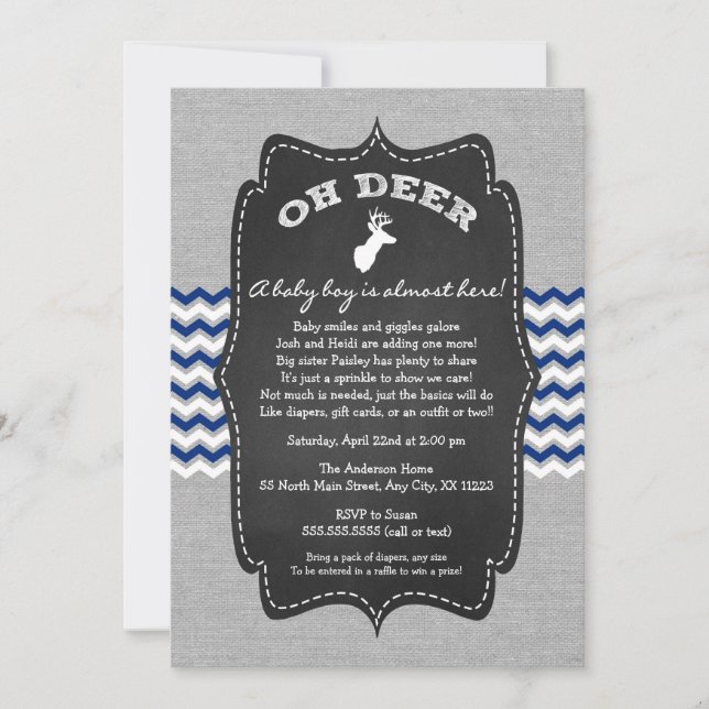 Oh Deer Buck Baby Sprinkle navy grey white Invitation (Front)