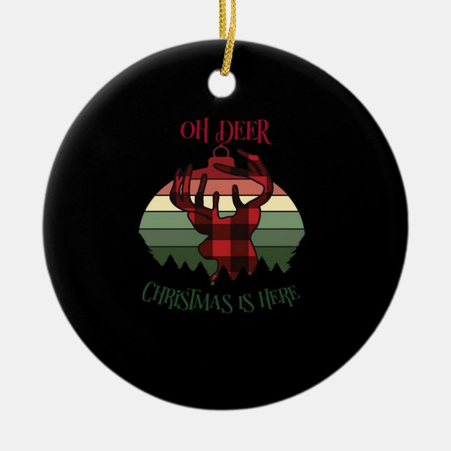 Oh Deer Christmas Is Here Joyful Aesthetic Ceramic Tree Decoration (Front)