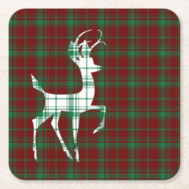 Oh Deer! Christmas Plaid Square Paper Coaster (Front)