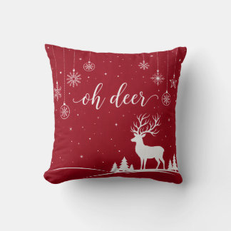 Oh Deer Christmas Reindeer Red Snowflake Pillow