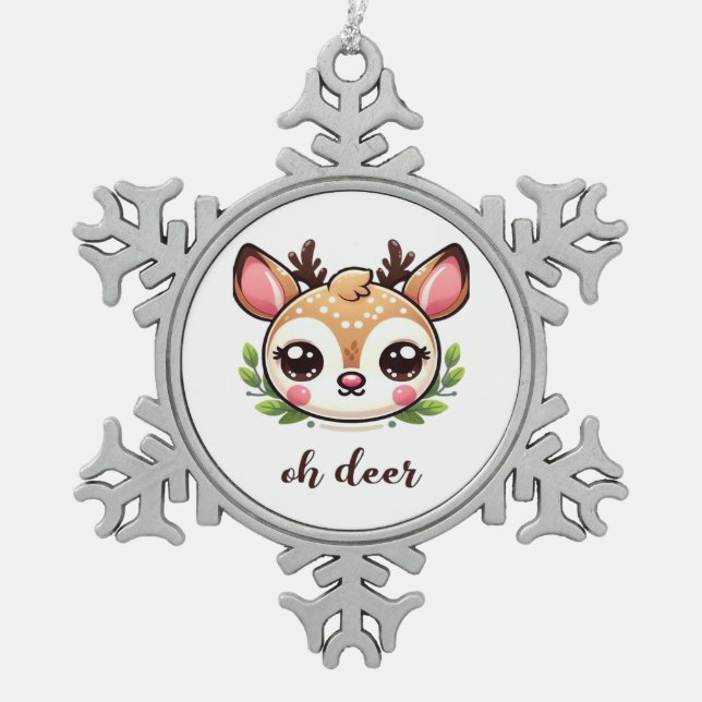 Oh Deer Cute Deer Minimal Design  Snowflake Pewter Christmas Ornament (Front)