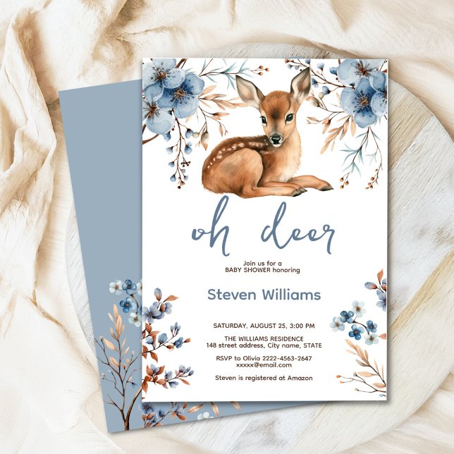Oh deer cute forest rustic florals baby shower invitation (Oh deer rustic blue florals with cute forest deer baby shower invitation, gender neutral, woodland )
