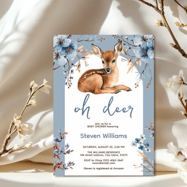 Oh deer cute forest rustic florals baby shower invitation (Oh deer rustic blue florals with cute forest deer baby shower invitation, gender neutral, woodland )