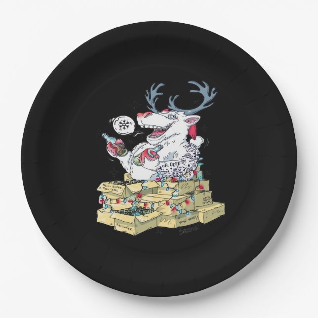 Oh Deer Drunk Reindeer Celebrating Christmas Festi Paper Plate (Front)