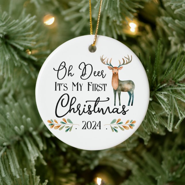 Oh Deer First Christmas Photo Ceramic Tree Decoration (Tree)