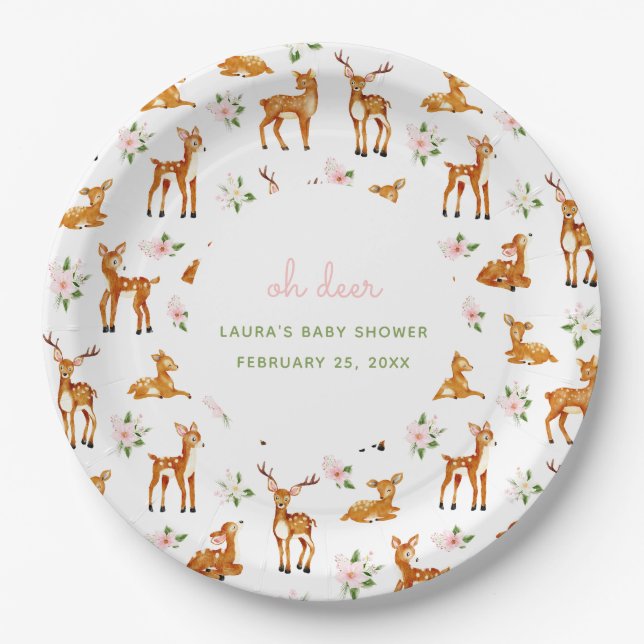 Oh Deer Floral Baby Shower Paper Plate (Front)