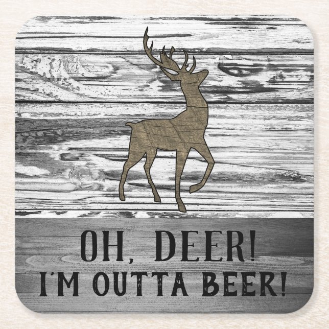 Oh Deer Funny Beer Quote Rustic Man Cave Square Paper Coaster (Front)