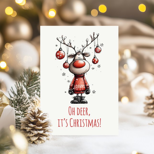 Oh Deer Funny Reindeer Christmas Card (Oh Deer Funny Reindeer Christmas Card on a table with Christmas decoration)