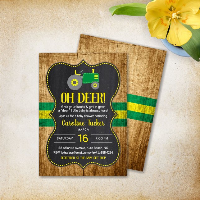 Oh Deer Green Tractor Baby Shower Invitation (Creator Uploaded)