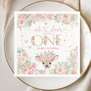Oh Deer I'm One 1st Birthday Girl Pink Fawn Paper Napkin