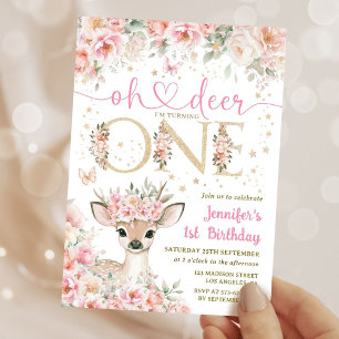 Oh Deer I'm One 1st Birthday Girl Pink Invitation