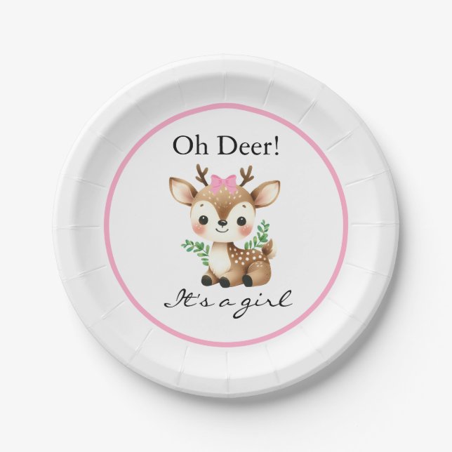 Oh Deer It's A Girl Baby Shower Party Paper Plate (Front)