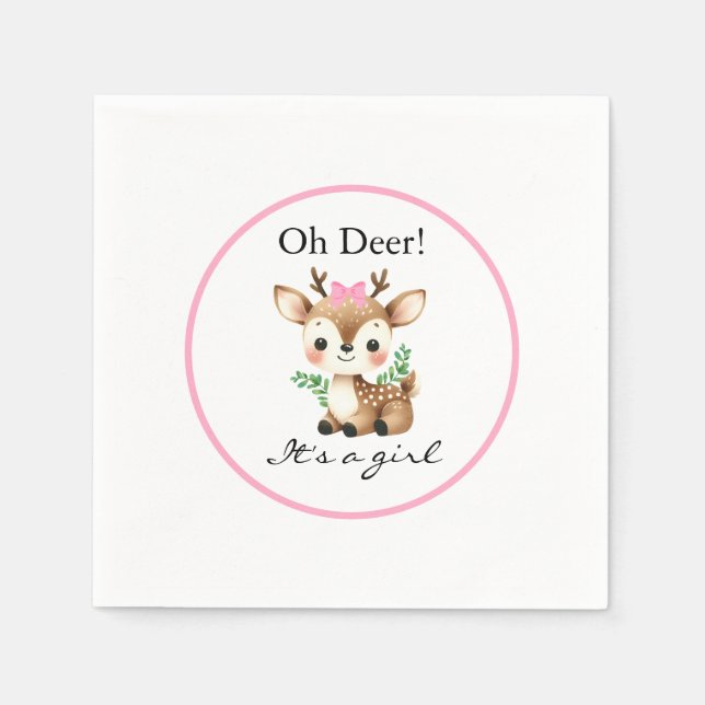 Oh Deer It's A Girl Cute Baby Shower Party Napkin (Front)