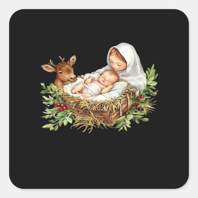 Oh Deer Mary Nativity Scene Christmas Jesus   Square Sticker (Front)