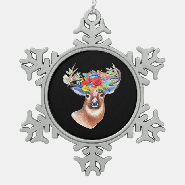 Oh Deer Modern Artistic Style  Snowflake Pewter Christmas Ornament (Front)