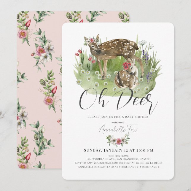 Oh Deer Mum & Fawn Pink Floral Girl Baby Shower Invitation (Front/Back)