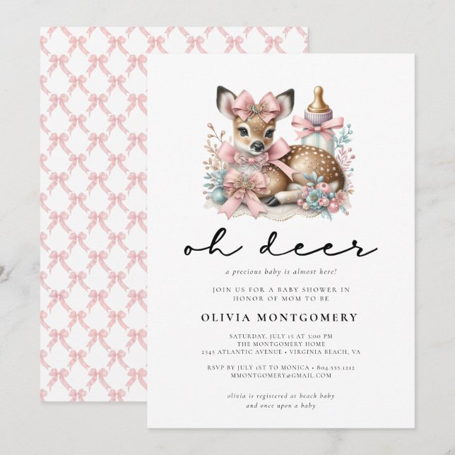 Oh Deer Pink Bows Woodland Forest Baby Shower  Invitation (Front/Back)