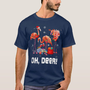 Oh Deer Pink Flamingo merry Christmas Fairy Lights T-Shirt