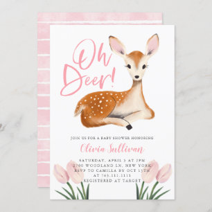Oh Deer Pink Floral Baby Shower Invitation