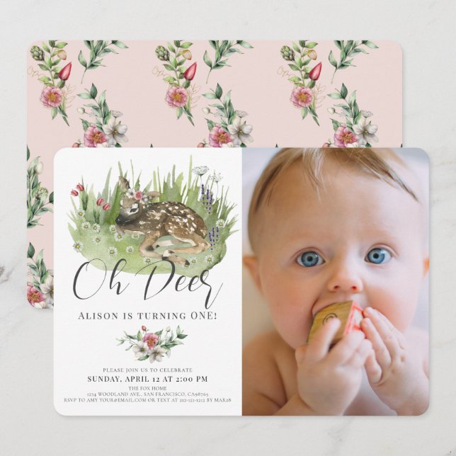 Oh Deer Pink Floral Girl Photo 1st Birthday Invitation (Front/Back)