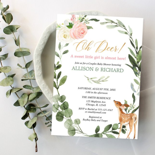 Oh deer pink gold couples girl baby shower invitation (Creator Uploaded)