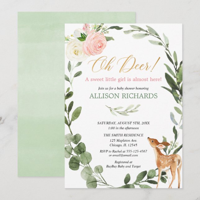 Oh deer pink gold eucalyptus girl baby shower invitation (Front/Back)