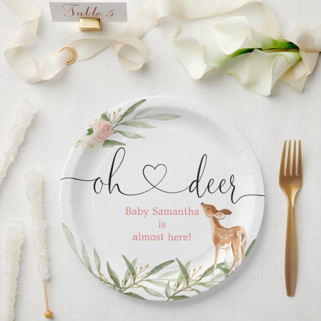 Oh deer pink gold greenery deer baby shower paper plate (Wedding)