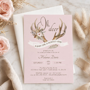 Oh Deer Pink Watercolor Antler Baby Shower Invitation