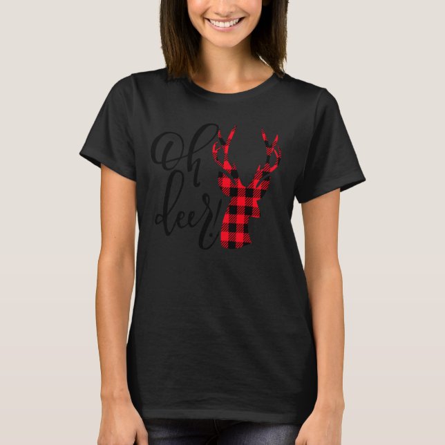 Oh Deer Reindeer Red Plaid Buffalo Christmas Pajam T-Shirt (Front)