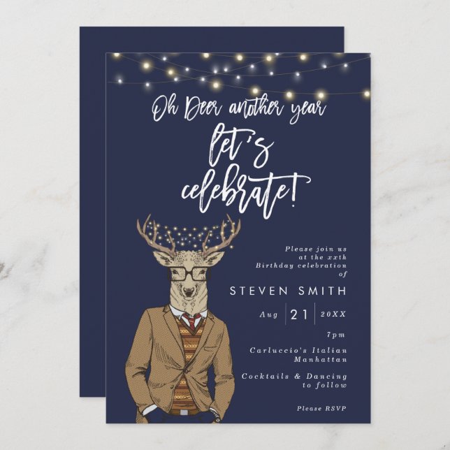 Oh deer rustic navy lights birthday party invitation (Front/Back)
