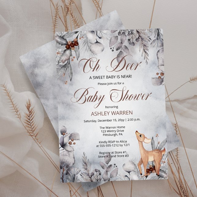 Oh Deer Rustic Winter Floral Baby Shower Invitation ("Oh Deer A Sweet Baby Is Near!"  Winter Woodland Deer-Themed Baby Shower Invitation)