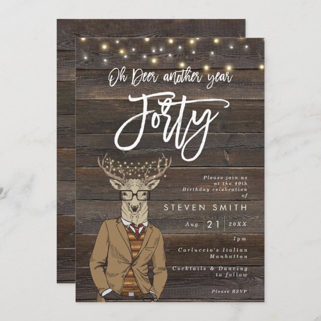Oh deer rustic wood lights 40th birthday invitation (Front/Back)